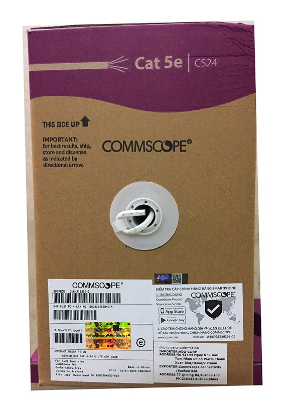 Thông tin được in trên vỏ hộp cáp mạng Cat5e Commscope AMP
